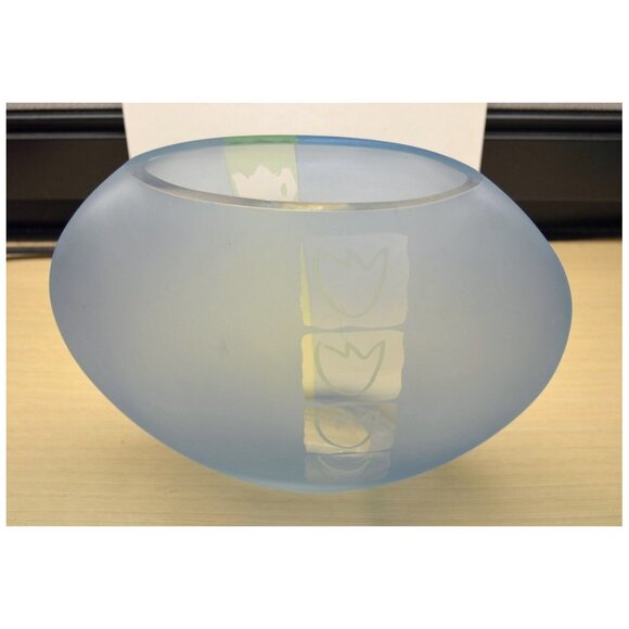 Blue Frosted Art Glass Vase with Flower Design Home Décor No ID ~10" Tall - Picture 1 of 5